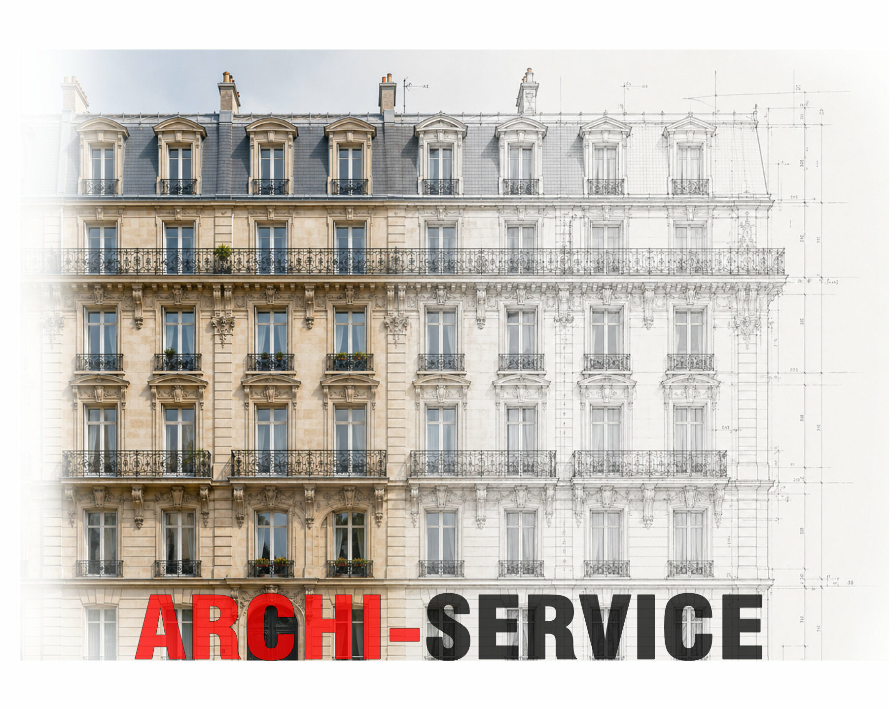 Façade haussmannienne se transformant en dessin architectural